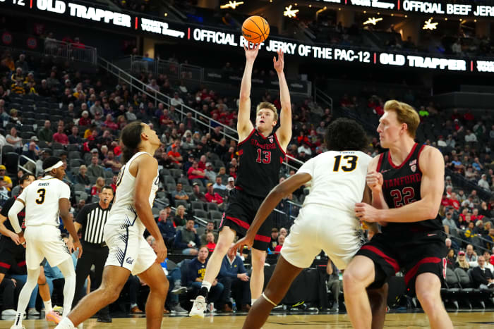 Mar 13, 2024; Las Vegas, NV, USA; Stanford Cardinal guard Michael Jones (13) shoots against the California Golden Bears during the second half at T-Mobile Arena. Mandatory Credit: Stephen R. Sylvanie-USA TODAY Sports